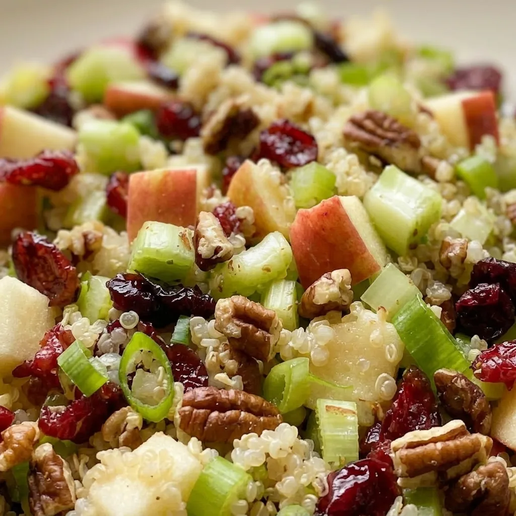 Macro detail of quinoa grains with chopped pecans, dried cranberries, and green onion rings, drizzled with dressing.