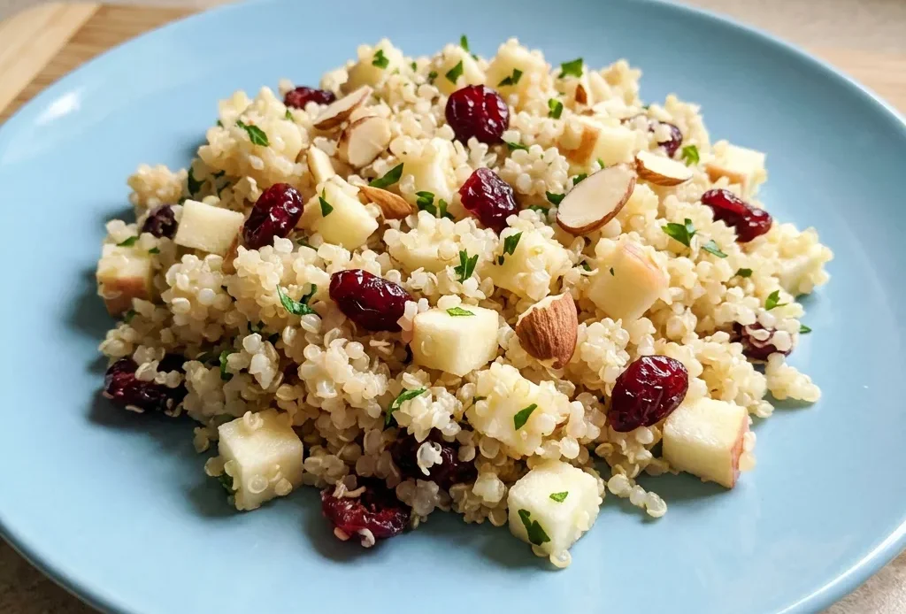 Bird's-eye view of quinoa mixed with diced apple, dried cranberries, parsley, and sliced almonds in a white bowl.