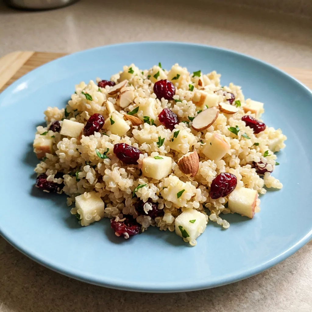 Bird's-eye view of quinoa mixed with diced apple, dried cranberries, parsley, and sliced almonds in a white bowl.