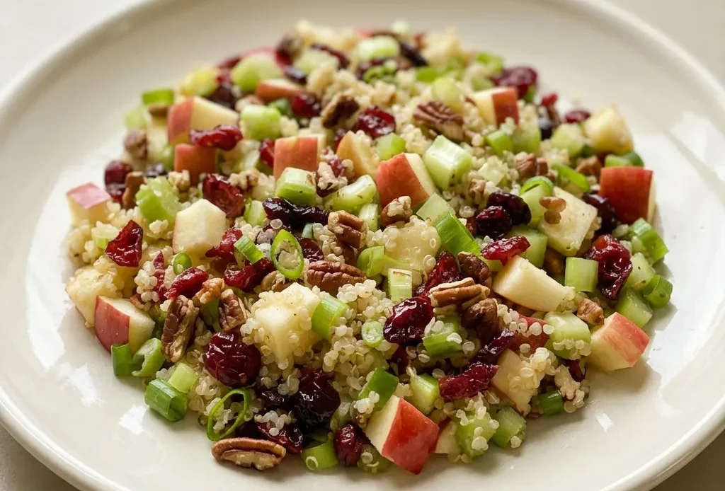 Top-down look at a bowl of quinoa mixed with diced apple, dried cranberries, celery, green onions, and pecans.