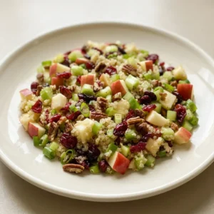 Top-down look at a bowl of quinoa mixed with diced apple, dried cranberries, celery, green onions, and pecans.