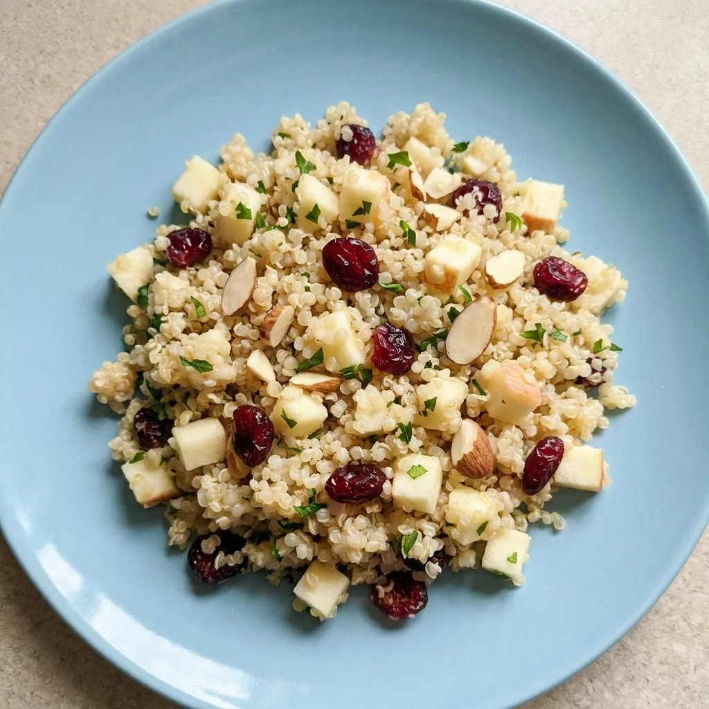 Ready to serve: a portion of quinoa salad topped with apple, cranberries, parsley, and almonds in a bowl.