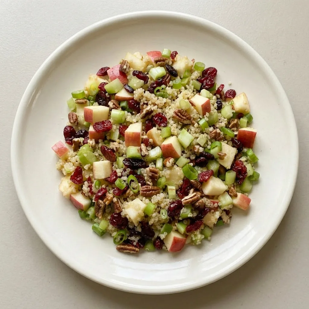 A serving of quinoa salad topped with apple slices, dried cranberries, pecans, and green onion curls.