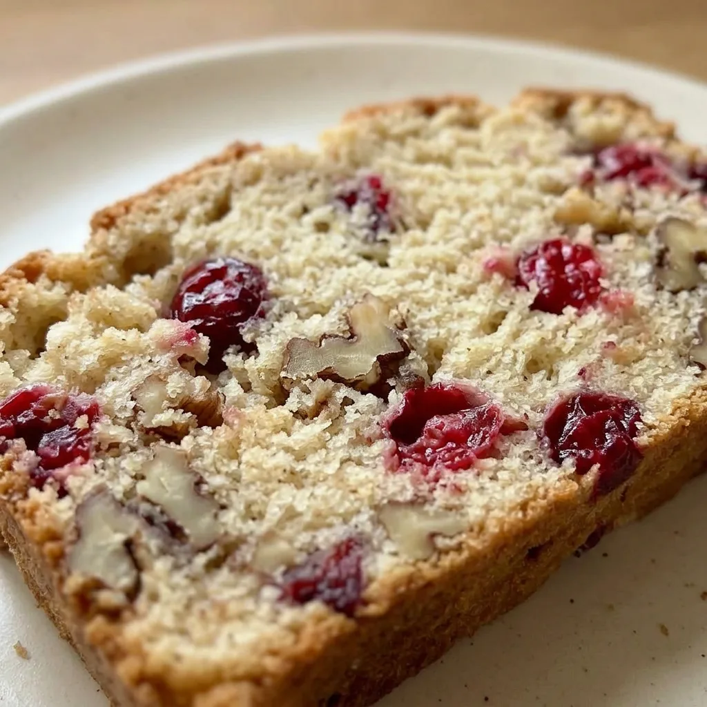 Zoomed in on a slice of cranberry bread showing a moist crumb and scattered cranberries.