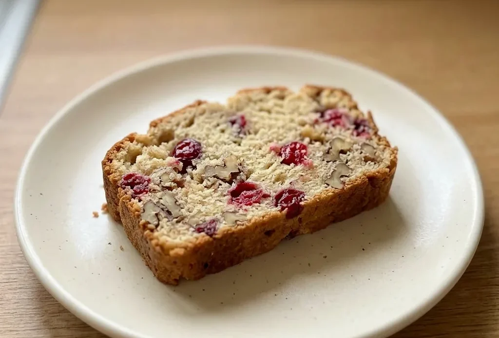 Bird's-eye view of a round cranberry bread loaf studded with red berries and a glossy top.