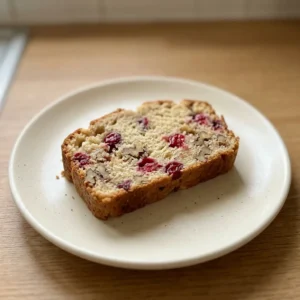 Bird's-eye view of a round cranberry bread loaf studded with red berries and a glossy top.