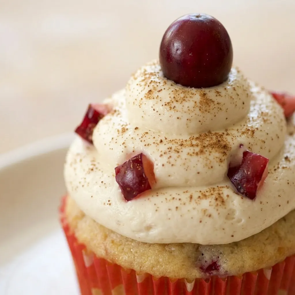 Zoomed in on a cupcake with a creamy eggnog frosting, a white chocolate curl, and a dusting of nutmeg, garnished with a fresh cranberry.