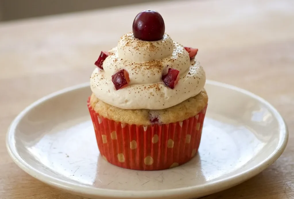 Bird's-eye view of a white chocolate-drizzled cupcake topped with a sugared cranberry and a cinnamon stick, with nutmeg specks visible.