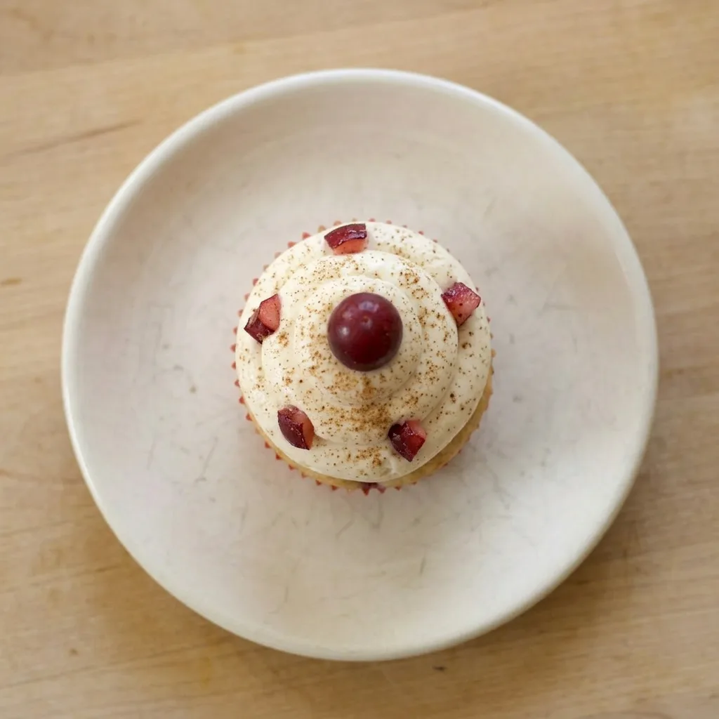 Ready to serve: a cupcake with a swirl of eggnog frosting, topped with a white chocolate shard, a cranberry, and a light sprinkle of cinnamon.
