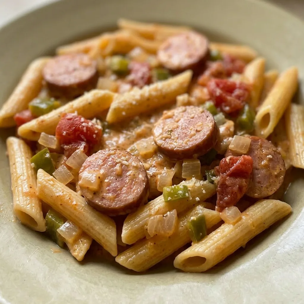 Macro detail of penne coated in creamy sauce with diced tomatoes, sausage, and bell pepper, garnished with Parmesan.