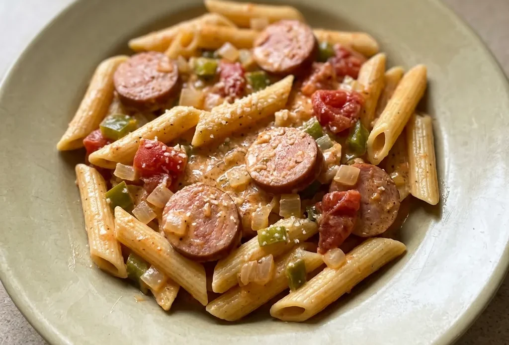 Top-down look at creamy pasta with smoked sausage slices, bell pepper, and onion in a light sauce, topped with Parmesan.