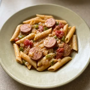 Top-down look at creamy pasta with smoked sausage slices, bell pepper, and onion in a light sauce, topped with Parmesan.