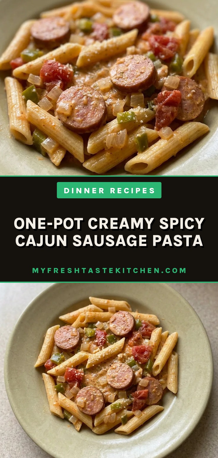 Top-down look at creamy pasta with smoked sausage slices, bell pepper, and onion in a light sauce, topped with Parmesan.