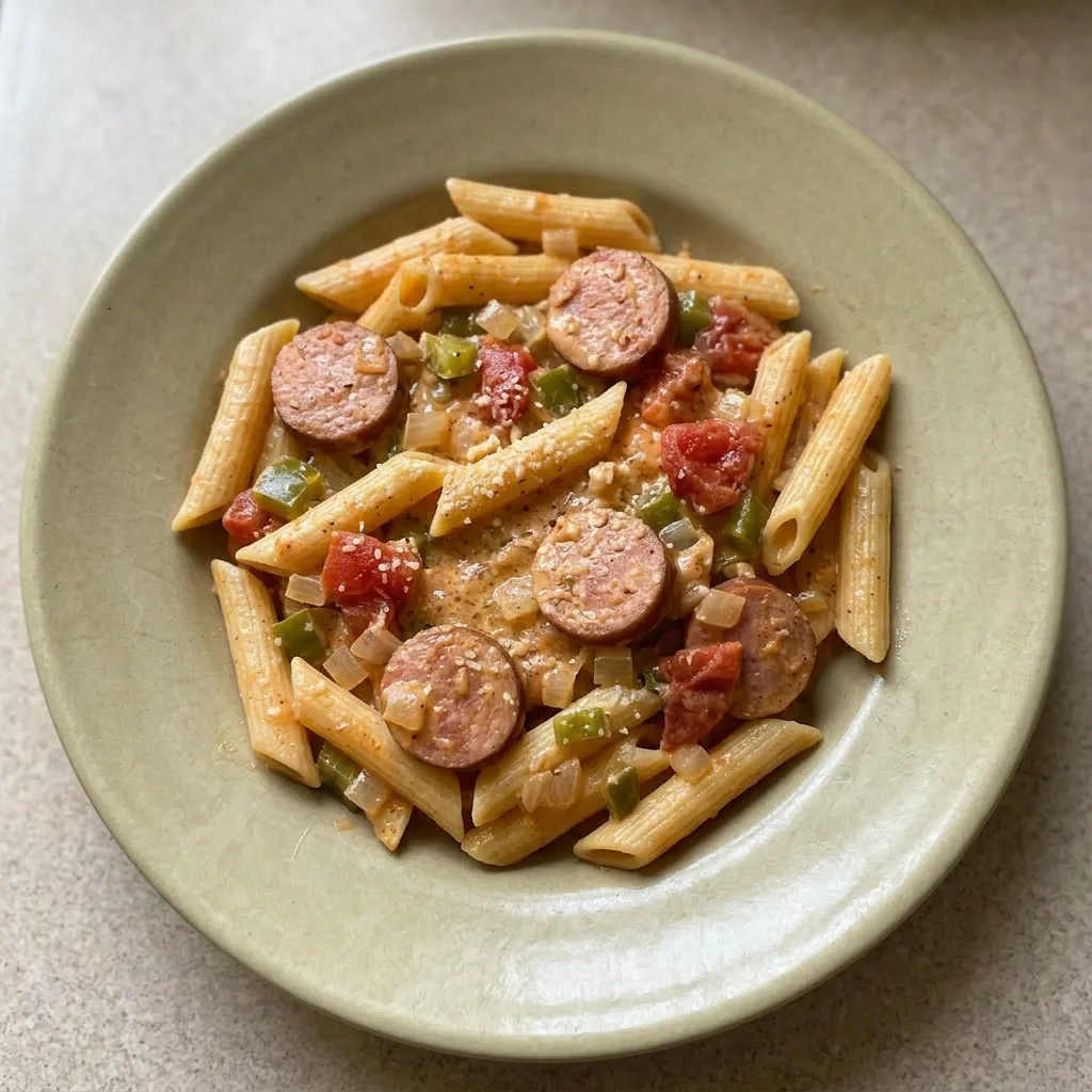A serving of Cajun sausage pasta with bell pepper, onion, and diced tomatoes in creamy sauce, topped with Parmesan.