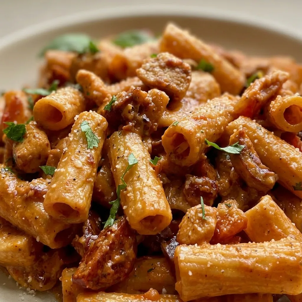 Close view of a fork twirling pasta coated in creamy tomato sauce with visible chorizo and chicken bits.