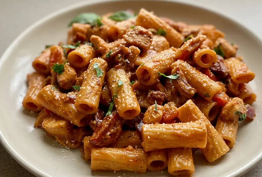 Overhead shot of creamy pasta with chicken and chorizo pieces, topped with grated parmesan.