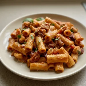 Overhead shot of creamy pasta with chicken and chorizo pieces, topped with grated parmesan.