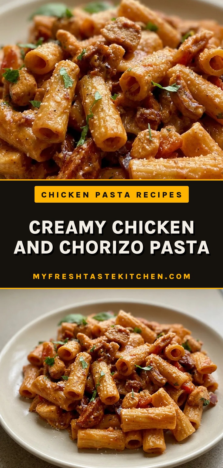 Overhead shot of creamy pasta with chicken and chorizo pieces, topped with grated parmesan.