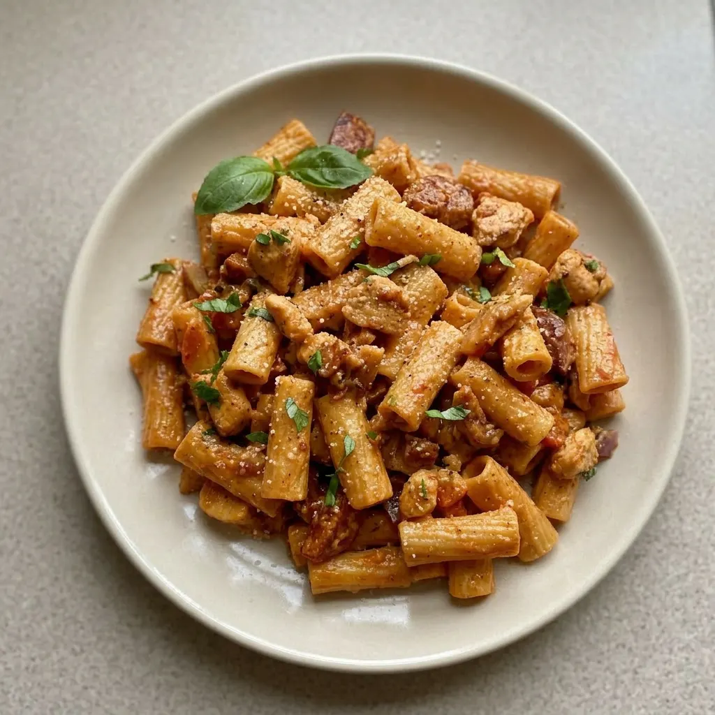 Plated creamy chicken and chorizo pasta garnished with parmesan cheese.
