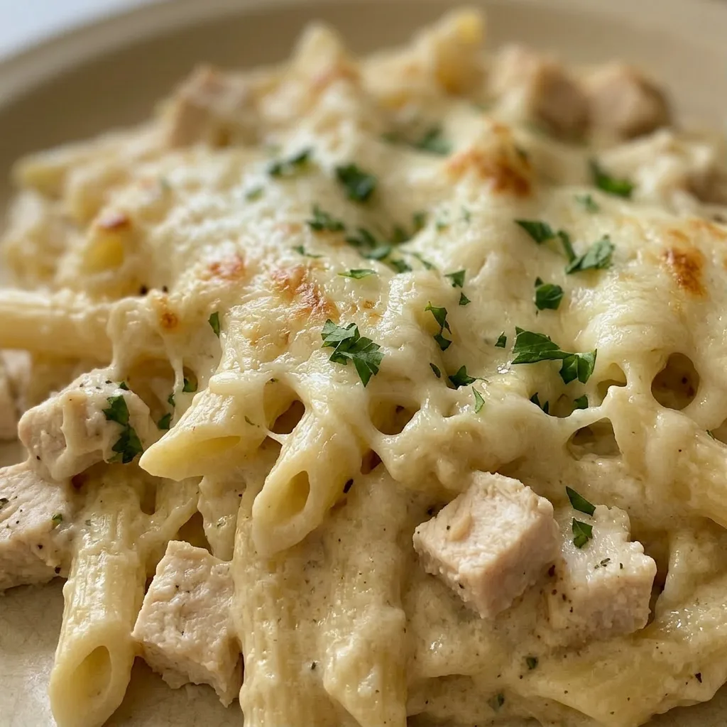 Macro detail of a forkful of pasta with creamy sauce, chicken, and gooey mozzarella cheese.