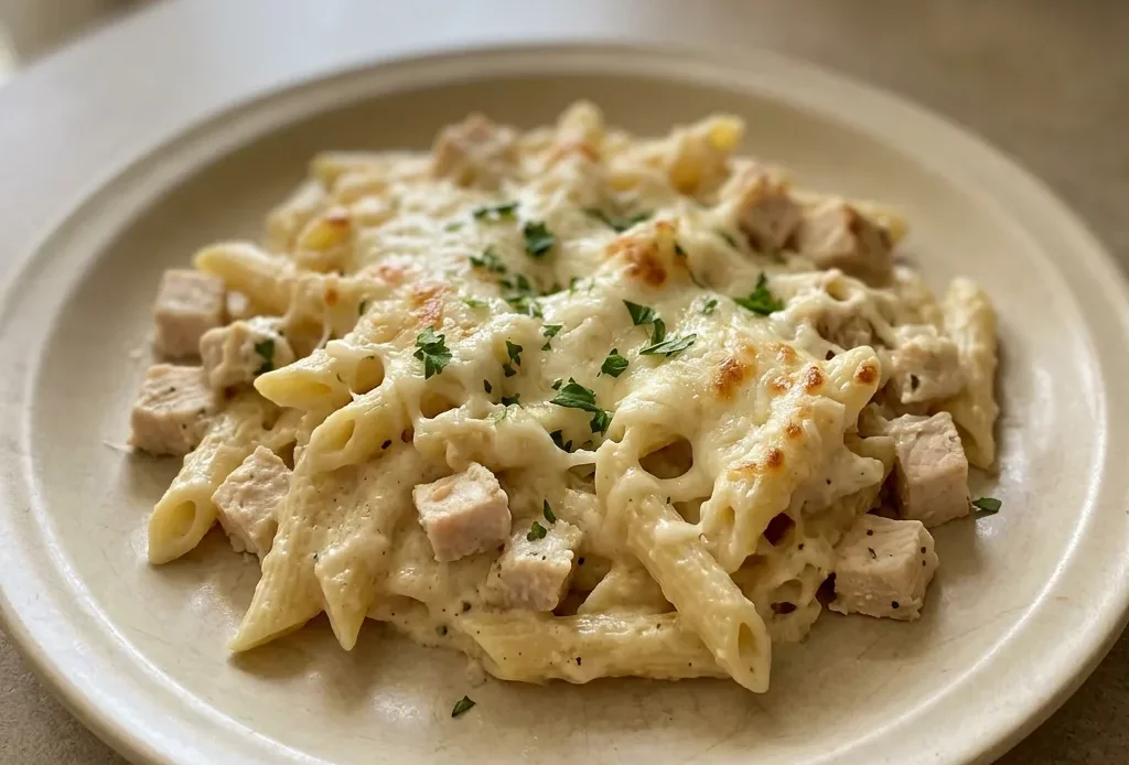 Top-down look at a creamy pasta casserole with chicken pieces, melted mozzarella, and Parmesan cheese.