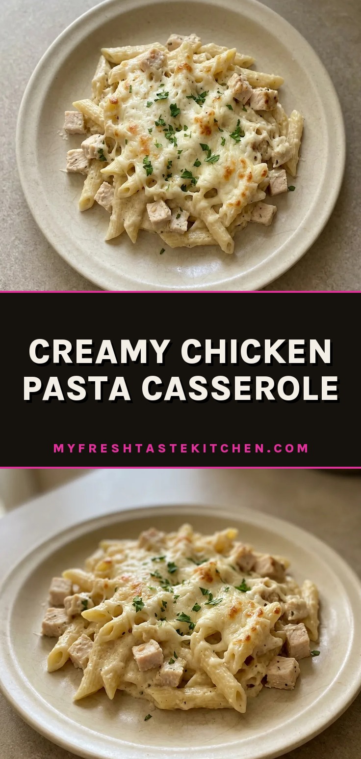 Top-down look at a creamy pasta casserole with chicken pieces, melted mozzarella, and Parmesan cheese.