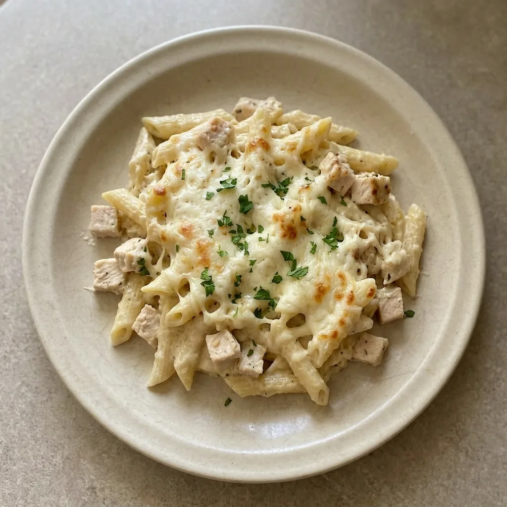 A serving of creamy chicken pasta casserole topped with melted mozzarella and Parmesan cheese.