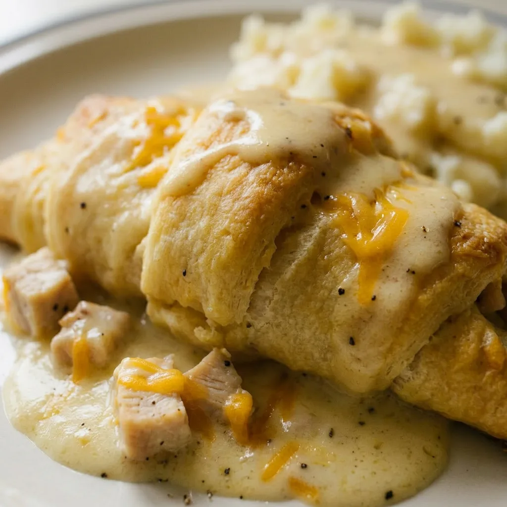 Zoomed in on a flaky crescent roll with visible cream cheese and chicken, garnished with shredded cheddar.