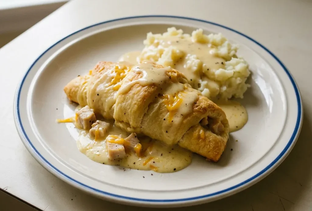 Bird's-eye view of a golden crescent roll topped with melted cheddar, enclosing creamy chicken filling.