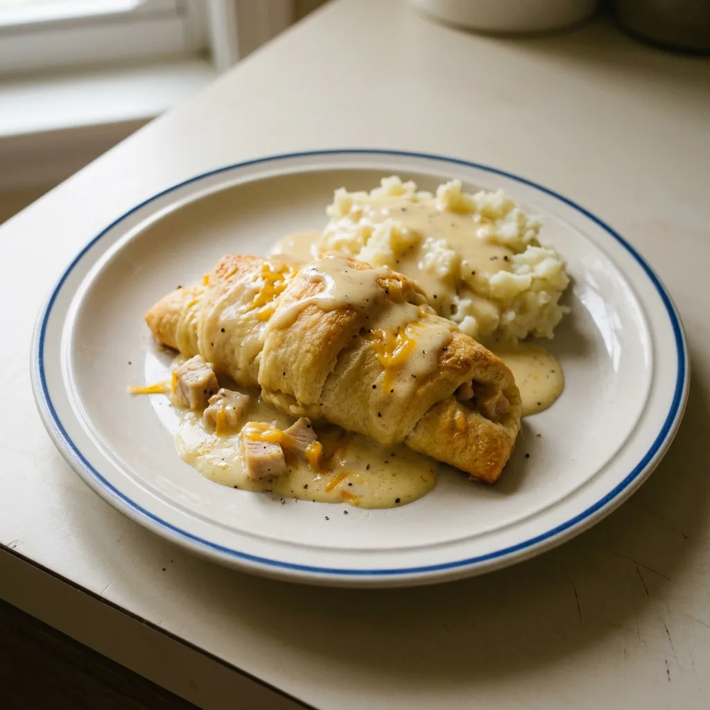 Bird's-eye view of a golden crescent roll topped with melted cheddar, enclosing creamy chicken filling.