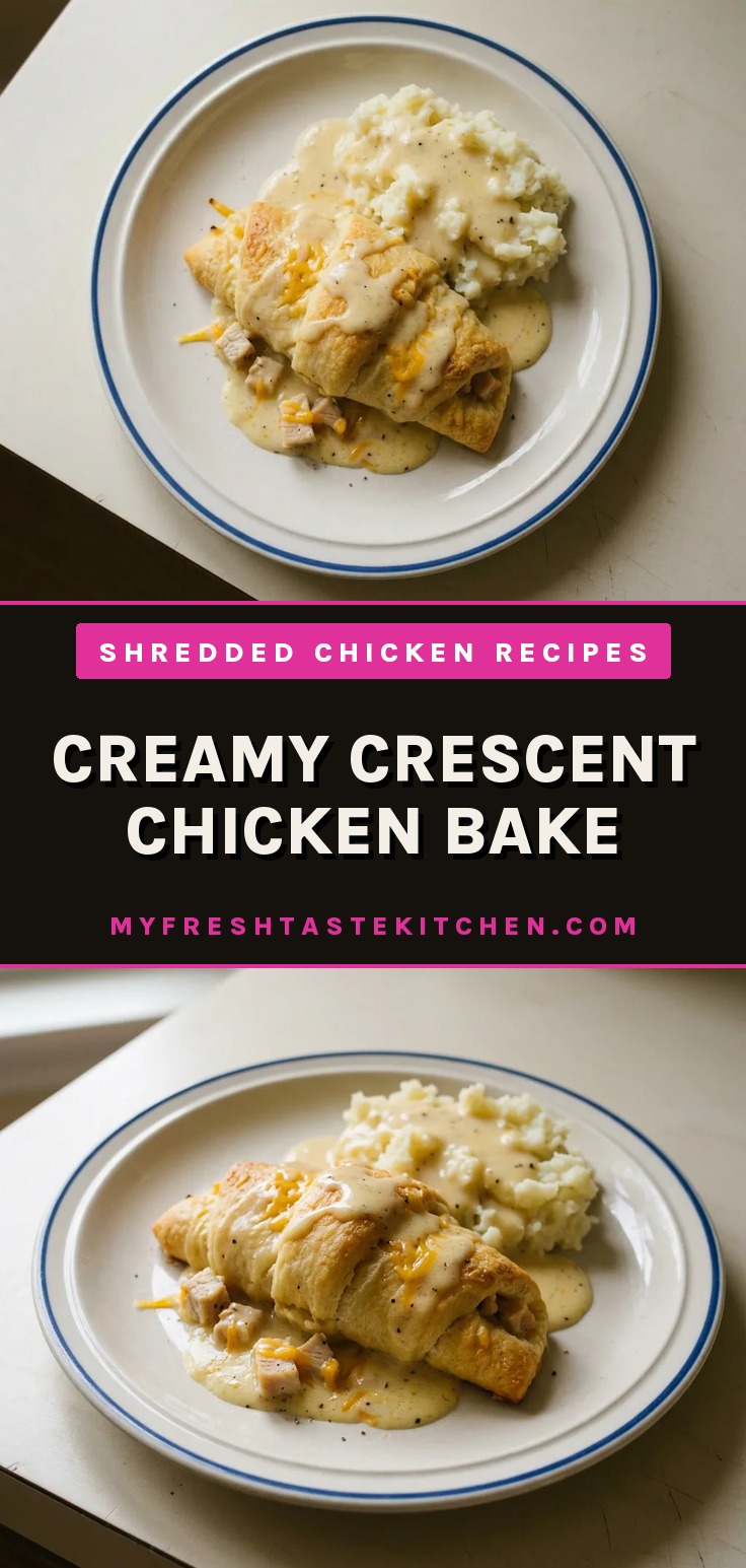 Bird's-eye view of a golden crescent roll topped with melted cheddar, enclosing creamy chicken filling.