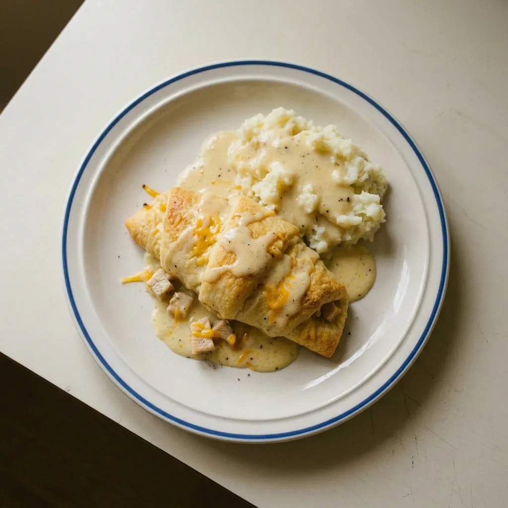 Ready to serve: a baked crescent roll stuffed with chicken and cream cheese, with cheddar on top.