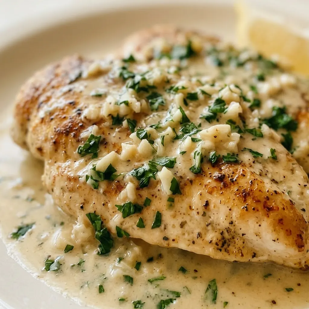 Up close, a glossy chicken breast coated in creamy garlic sauce with visible parsley flecks and a lemon wedge.