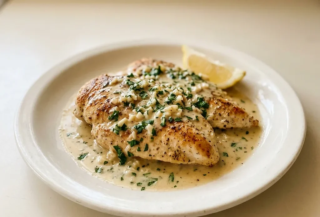 Looking down at a creamy garlic chicken breast with parsley and lemon slices arranged around it.