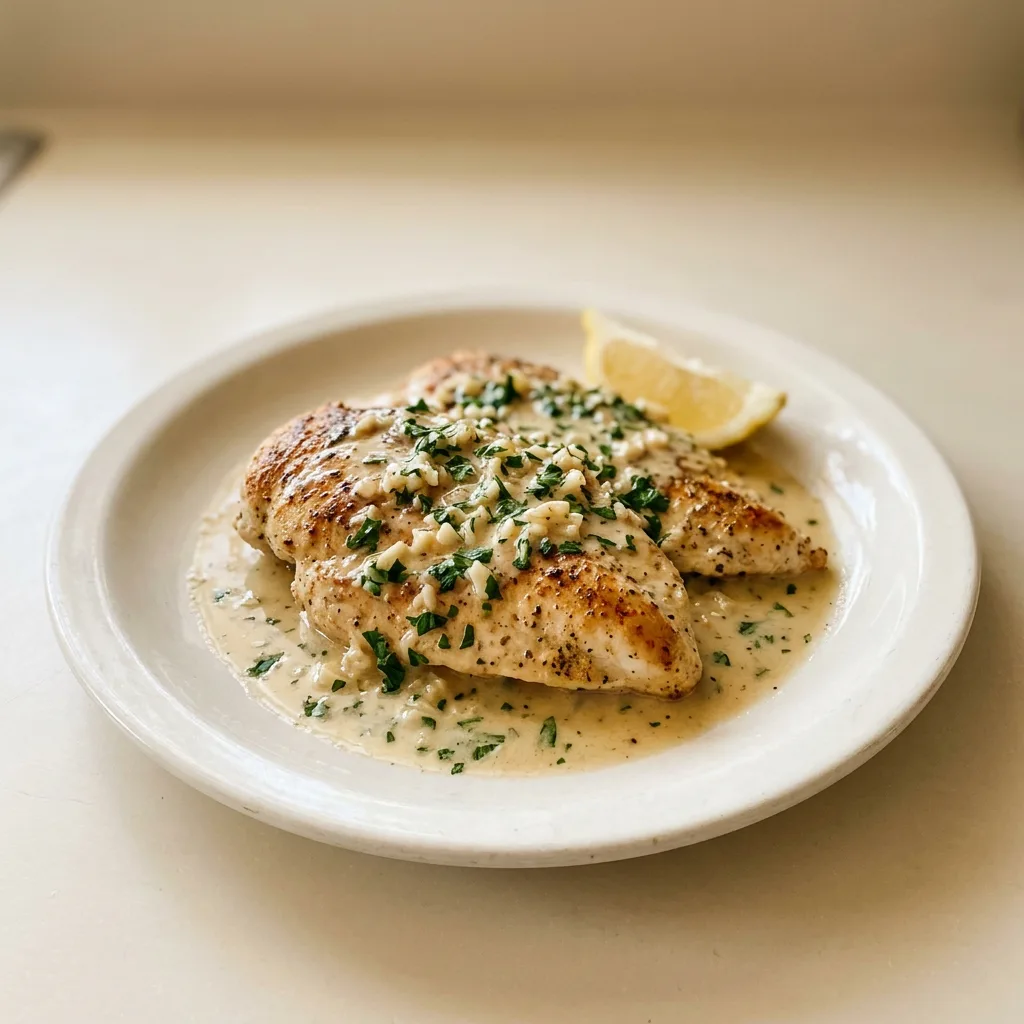 Looking down at a creamy garlic chicken breast with parsley and lemon slices arranged around it.