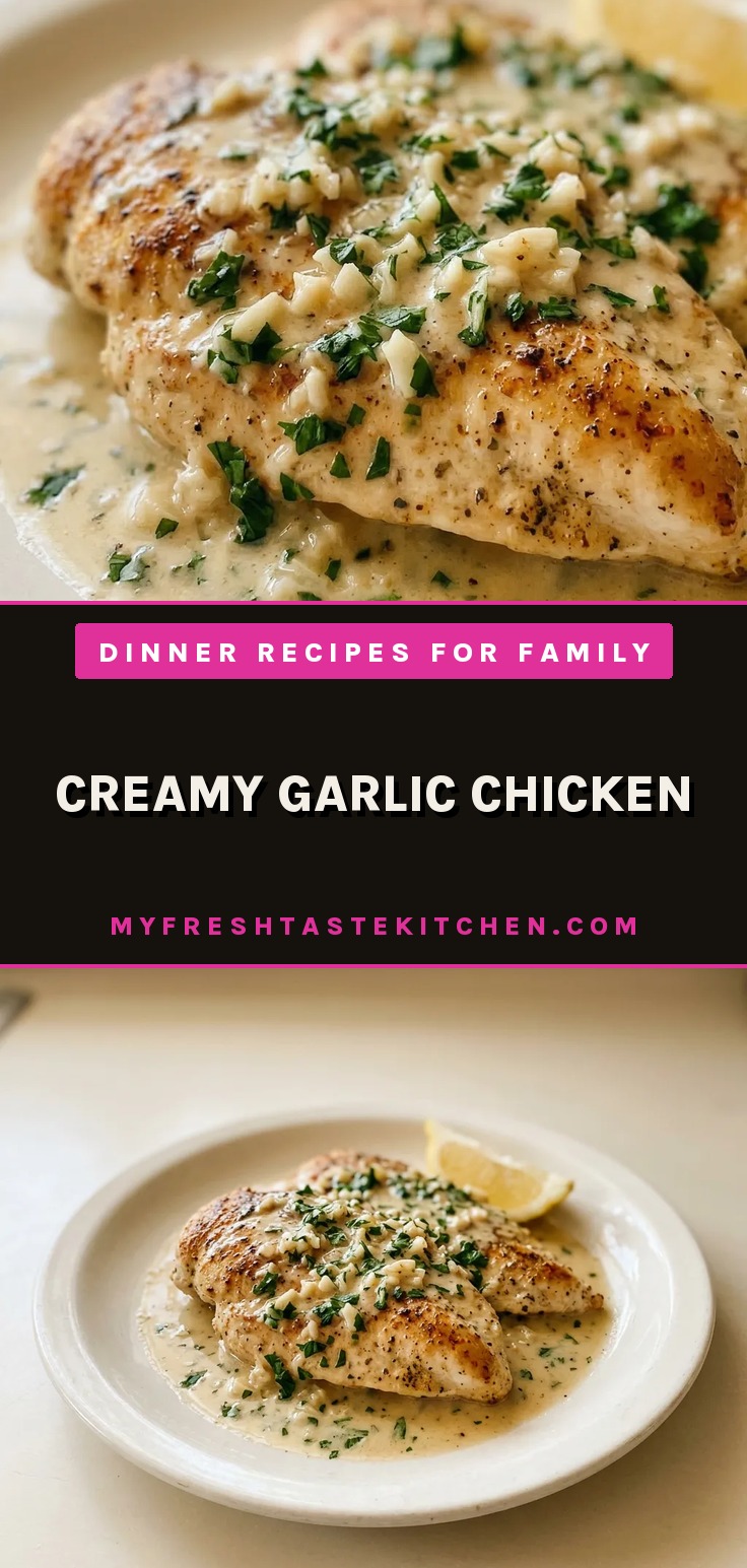 Looking down at a creamy garlic chicken breast with parsley and lemon slices arranged around it.