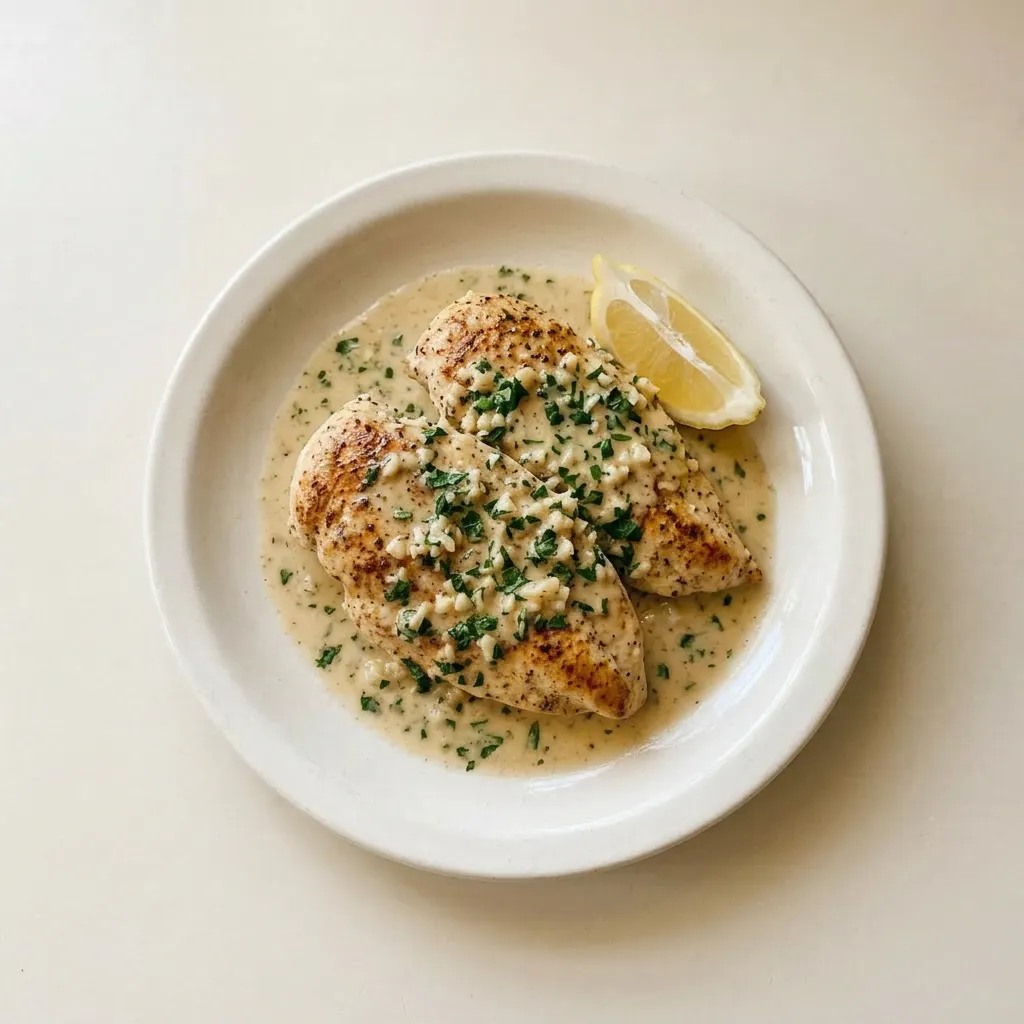 A plate of creamy garlic chicken with a golden-brown crust, drizzled with sauce and topped with fresh parsley and lemon.