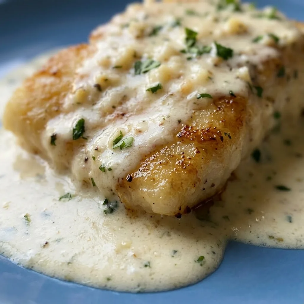 Macro detail of flaky cod topped with melted parmesan cheese and a drizzle of creamy lemon sauce, with visible garlic bits.