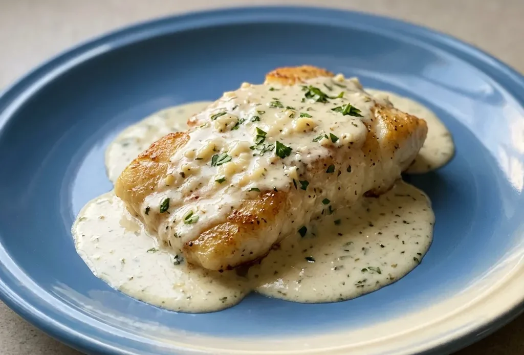 Top-down look at a creamy lemon parmesan cod fillet with lemon slices and garlic cloves scattered around.