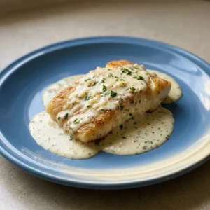 Top-down look at a creamy lemon parmesan cod fillet with lemon slices and garlic cloves scattered around.
