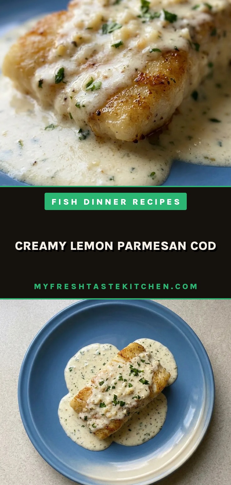 Top-down look at a creamy lemon parmesan cod fillet with lemon slices and garlic cloves scattered around.