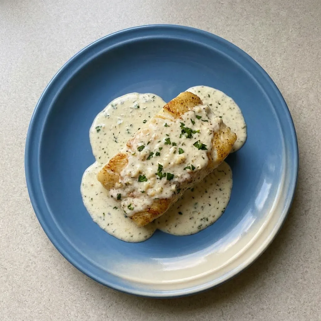 A serving of lemon parmesan cod in a creamy sauce, garnished with a lemon wedge and fresh parsley.