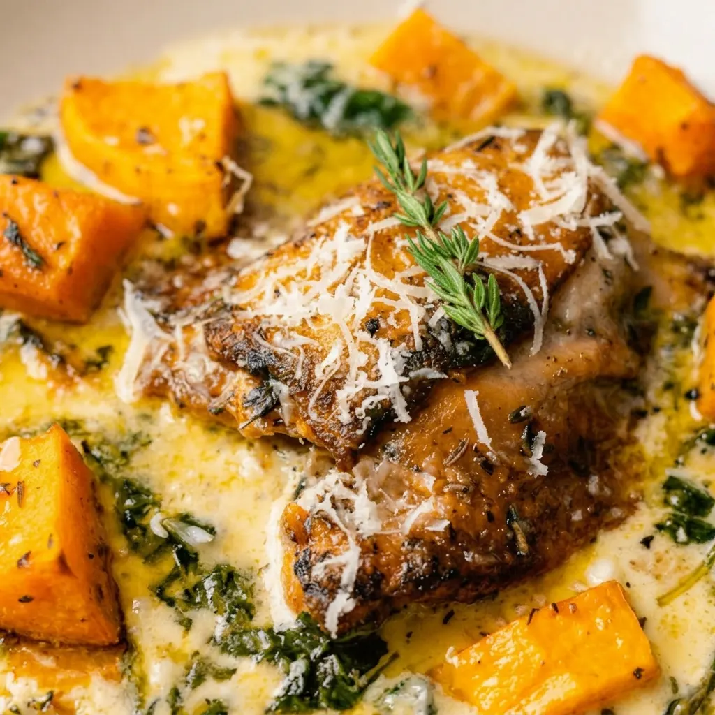 Up close, a piece of chicken thigh rests on butternut squash and wilted spinach, coated in creamy parmesan sauce with garlic and thyme.