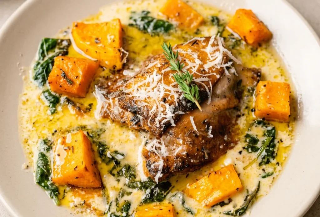 Looking down at a skillet dish with chicken thighs, cubed butternut squash, and spinach in a creamy parmesan sauce, garnished with thyme.