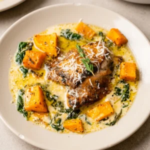 Looking down at a skillet dish with chicken thighs, cubed butternut squash, and spinach in a creamy parmesan sauce, garnished with thyme.
