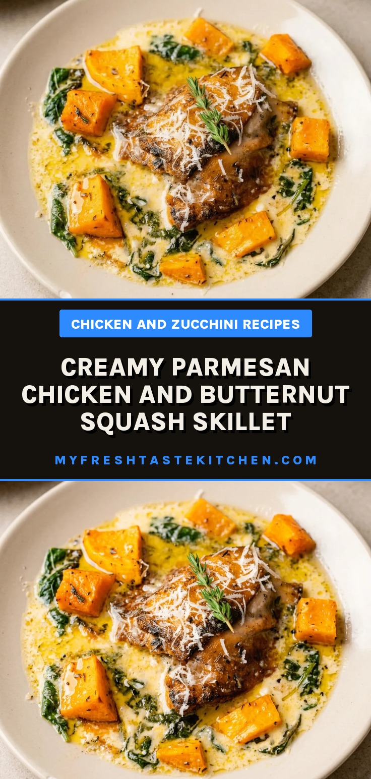 Looking down at a skillet dish with chicken thighs, cubed butternut squash, and spinach in a creamy parmesan sauce, garnished with thyme.