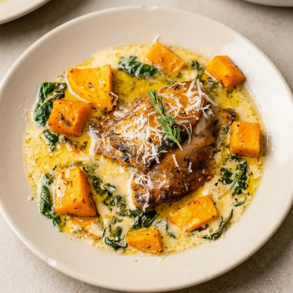 A plate of creamy parmesan chicken and butternut squash skillet, featuring chicken thighs, squash, spinach, and parmesan, topped with thyme.