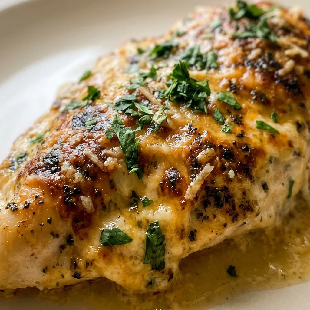 Macro detail of a golden-brown chicken breast crust with melted Parmesan, visible garlic and onion powder specks, and a dusting of paprika.