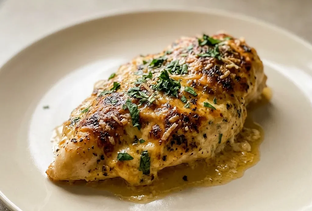 Top-down look at a round dish with a breaded chicken breast topped with melted Parmesan cheese and sprinkled with paprika and Italian seasoning.