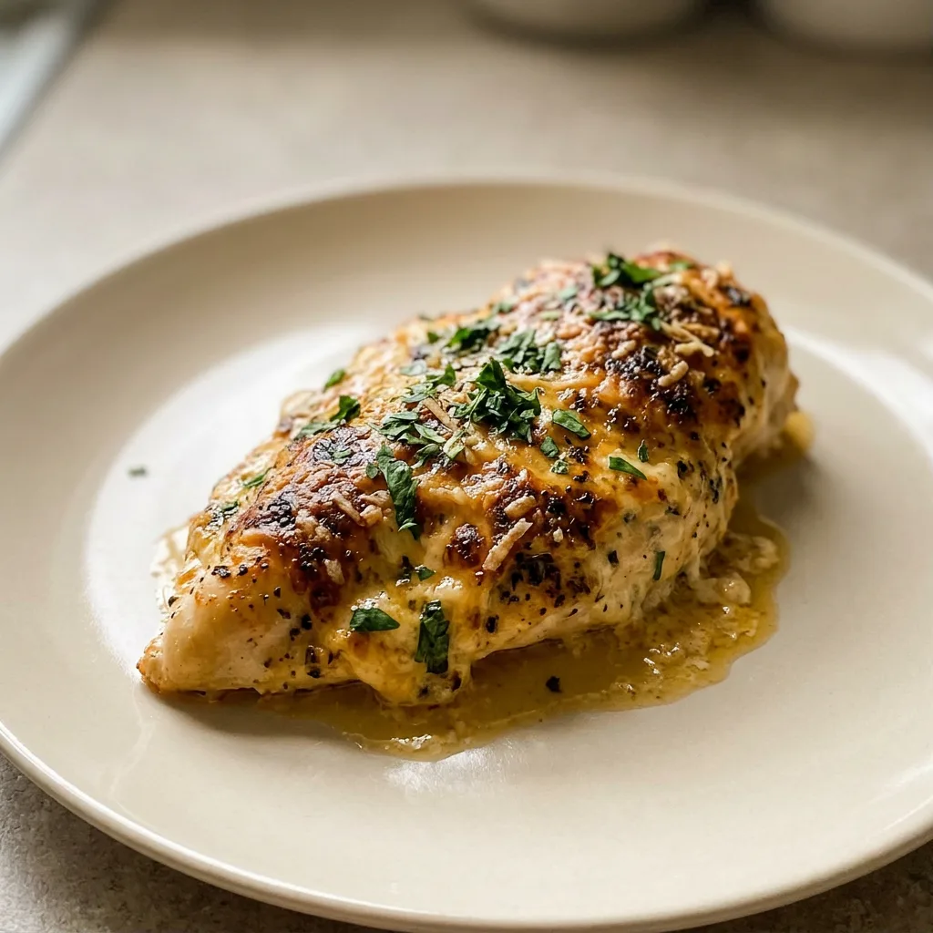Top-down look at a round dish with a breaded chicken breast topped with melted Parmesan cheese and sprinkled with paprika and Italian seasoning.